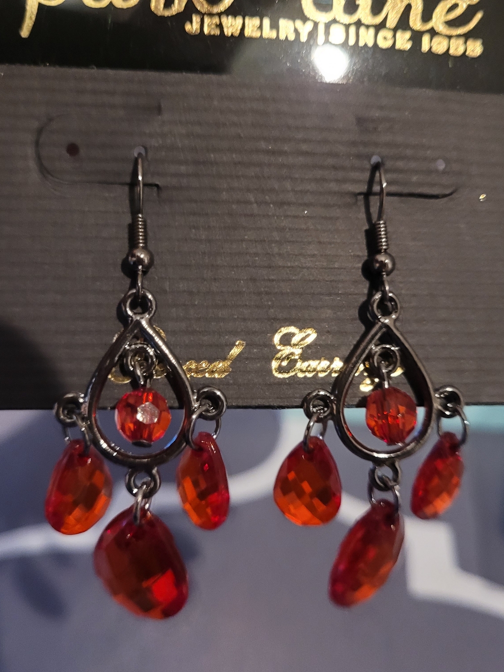 Park Lane Red Teardrop Dangle Earrings. New. Hematite. Chandelier Style.